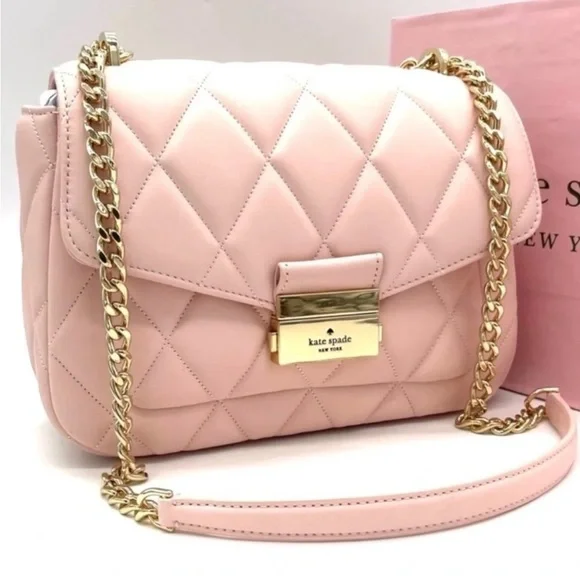 Kate Spade Carey Small Quilted Flap Shoulder Crossbody Bag Light Pink/ Gold - Picture 2 of 10